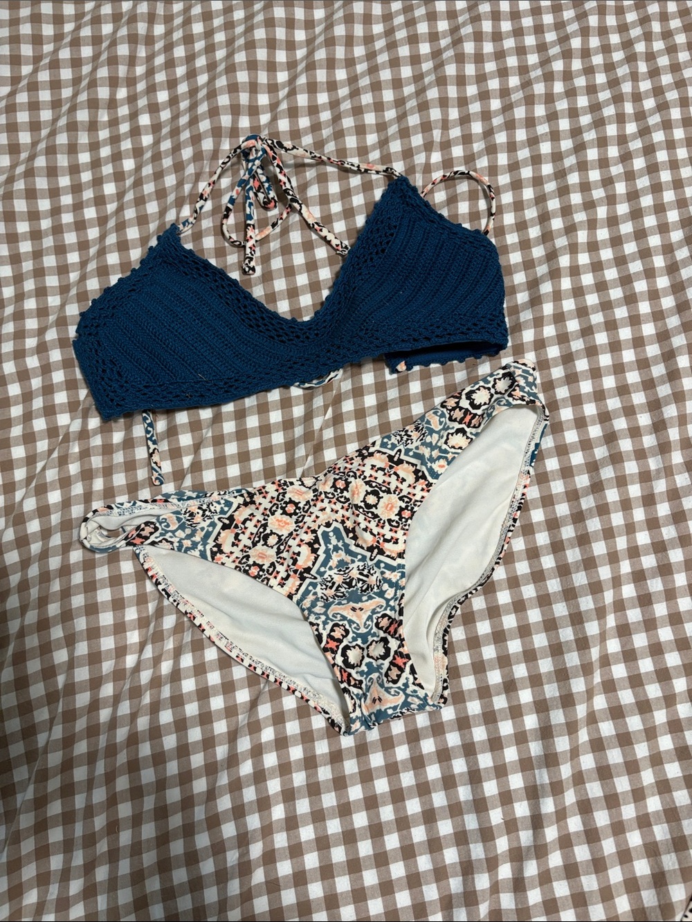 Xhilaration Navy Crochet Bikini Top with Multicolor Printed Bottom